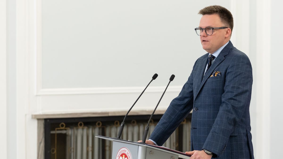 Marshal of the Sejm Szymon Holownia is speaking at a press conference in Warsaw, Poland, on February 20, 2024. (Photo by Foto Olimpik/NurPhoto via Getty Images)