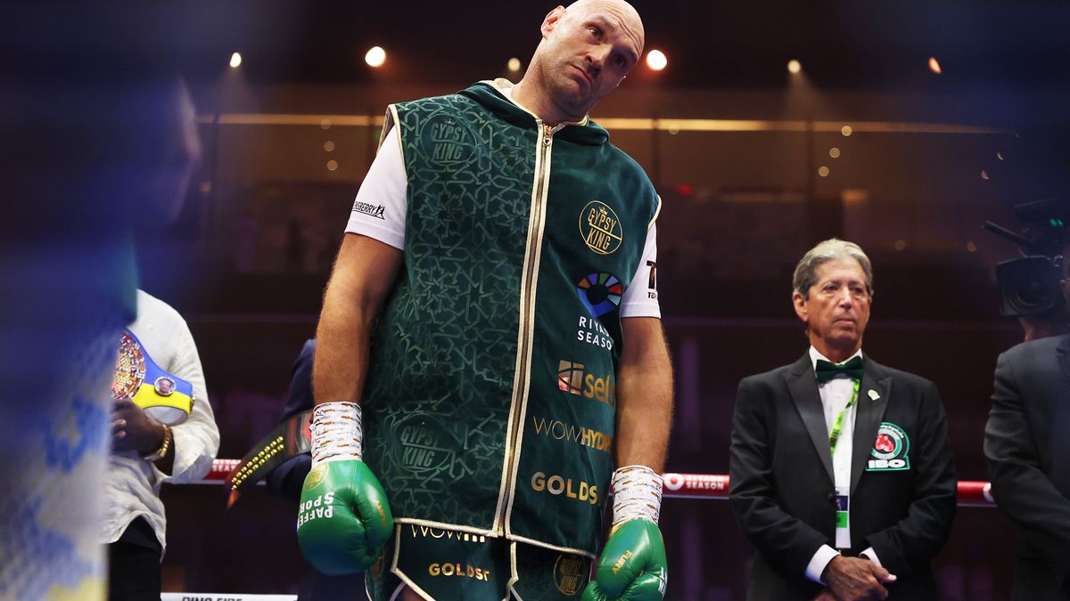 RIYADH, SAUDI ARABIA - MAY 18: Tyson Fury looks on as he enters the ring prior to the IBF, WBA, WBC, WBO and Undisputed Heavyweight titles' fight between Tyson Fury and Oleksandr Usyk at Kingdom Arena on May 18, 2024 in Riyadh, Saudi Arabia. (Photo by Richard Pelham/Getty Images)