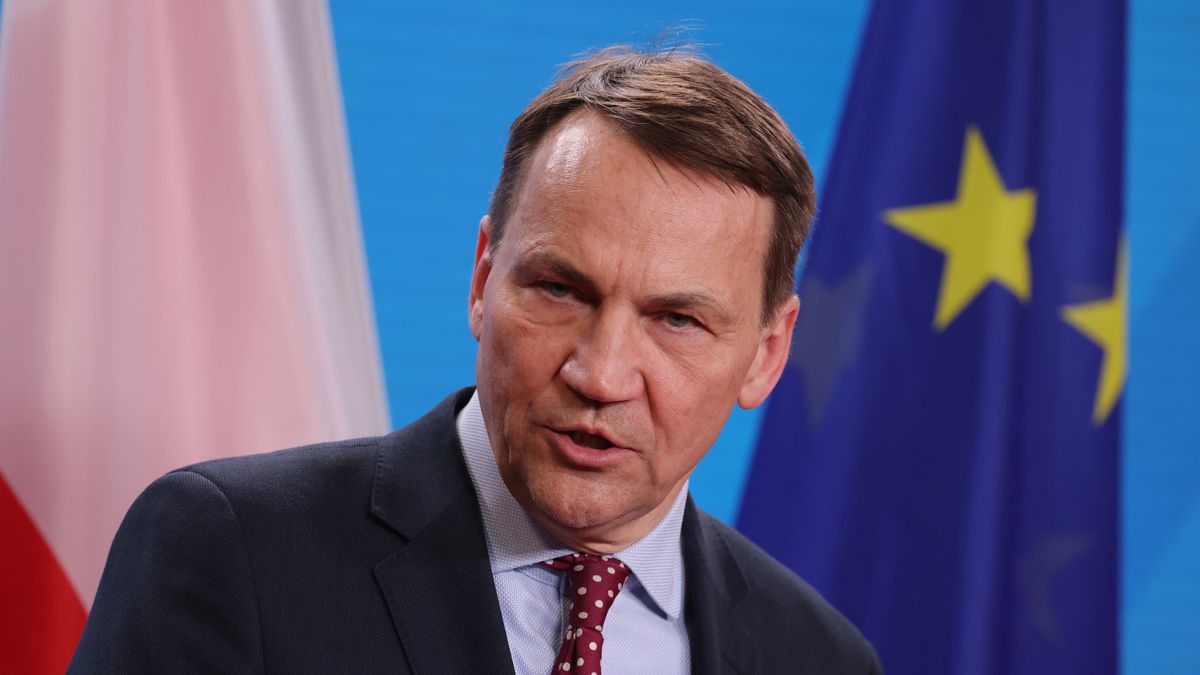 BERLIN, GERMANY - JANUARY 30: Polish Foreign Minister Radoslaw Sikorski speaks to the media during talks with German Foreign Minister Annalena Baerbock at the Foreign Ministry on January 30, 2024 in Berlin, Germany. The two leaders discussed, among other issues, European military aid to Ukraine. (Photo by Sean Gallup/Getty Images)
