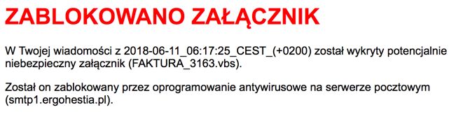 Komunikat o blokadzie szkodliwego pliku przez serwer Ergo Hestii. Źródło: Niebezpiecznik.