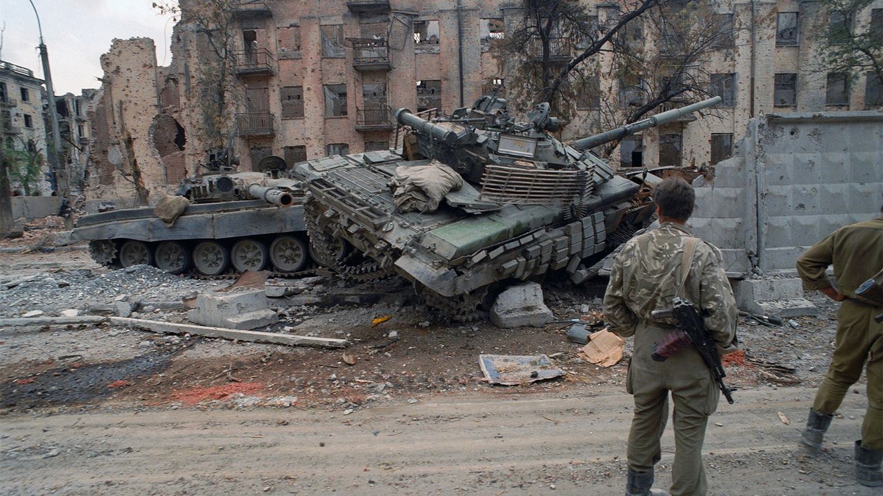 Damaged Russian tanks on the streets of Grozny