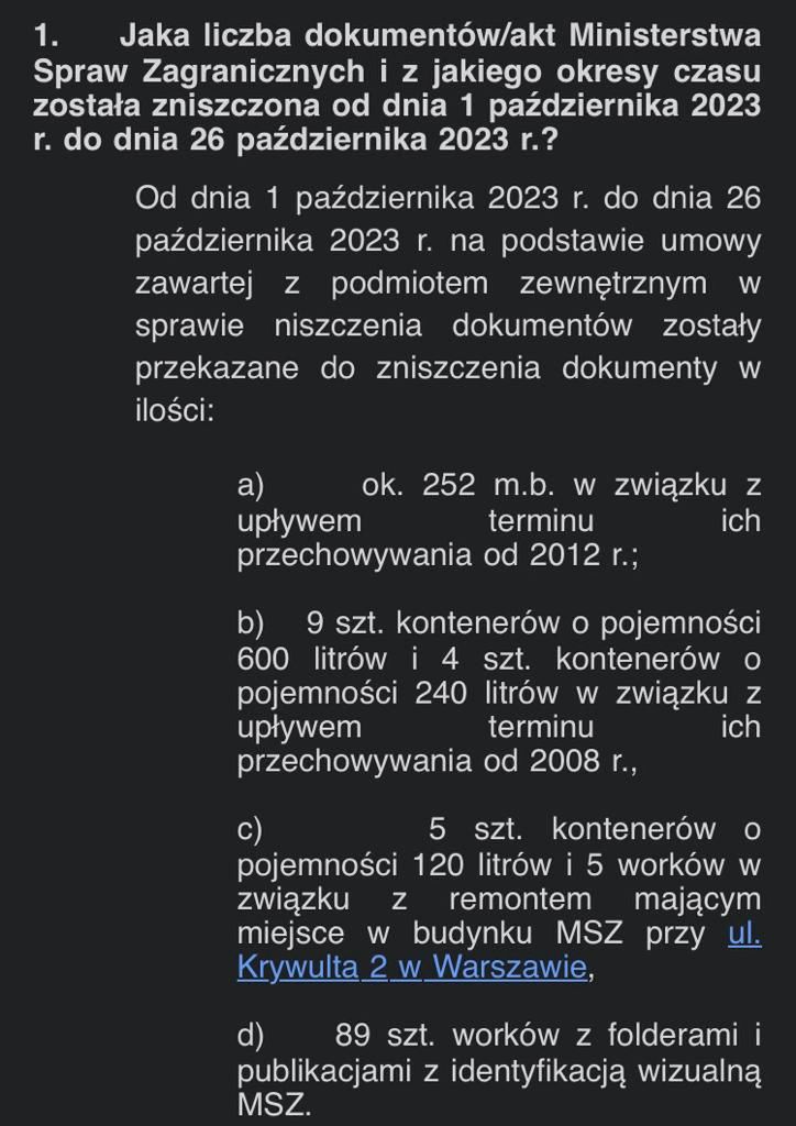 Dokumentacja niszczona w MSZ od 1 października do 26 października br.