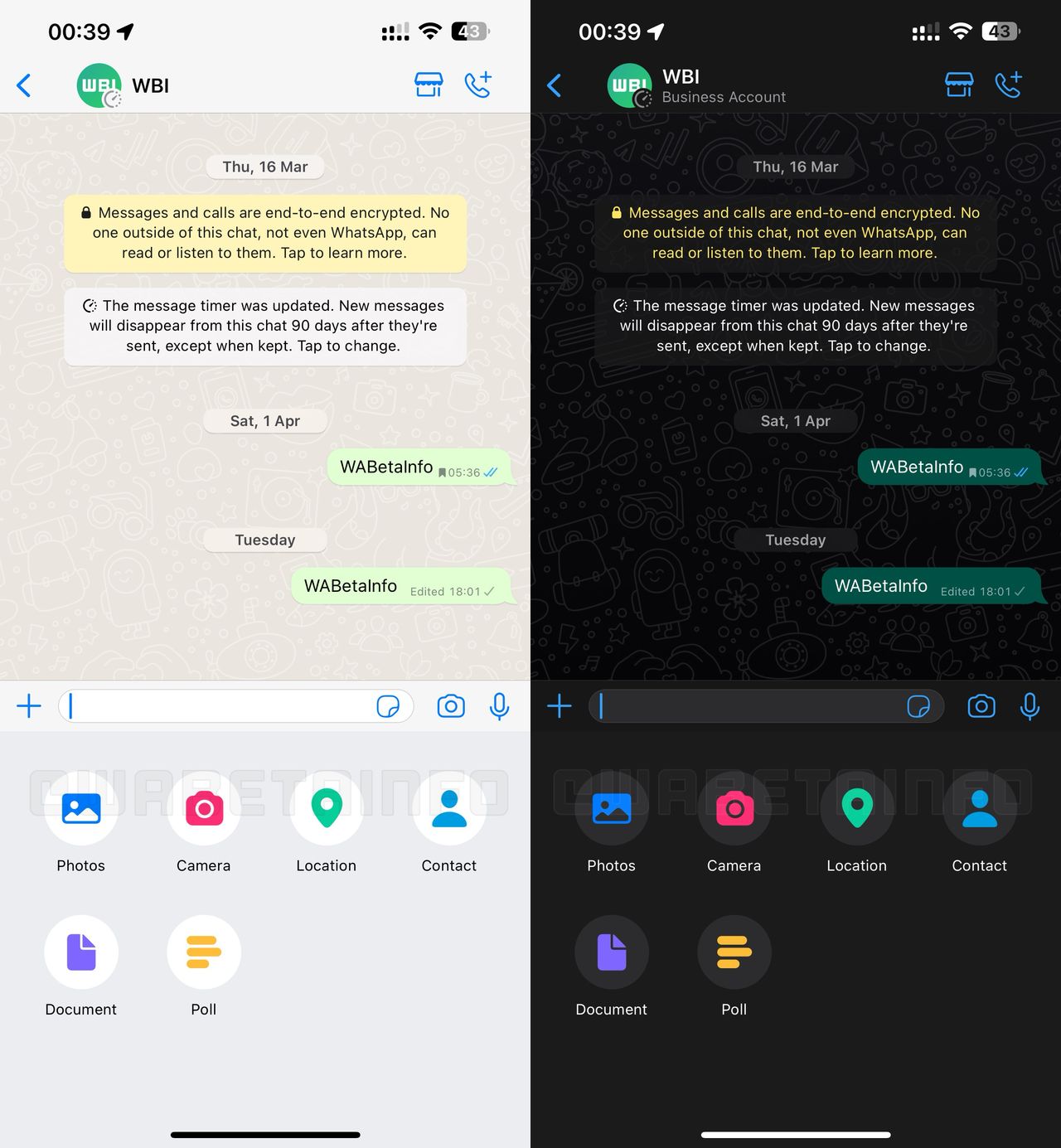 Nowe menu załączników z WhatsAppa - ciemny i jasny motyw