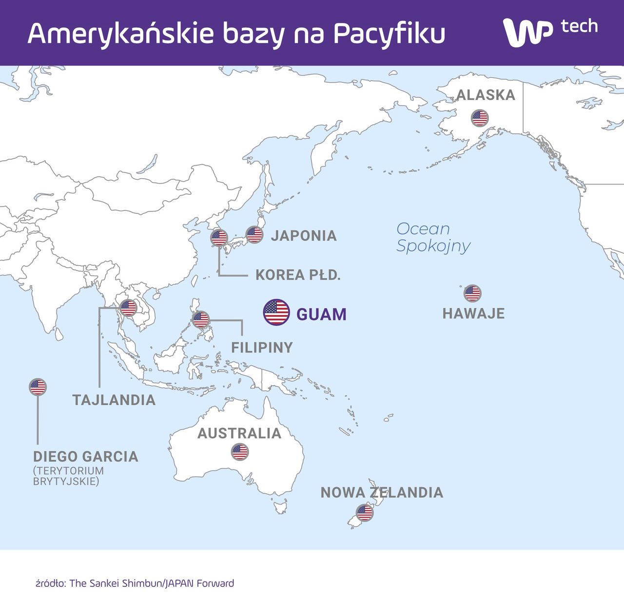 Lokalizacja najważniejszych baz wojskowych USA w rejonie Pacyfiku