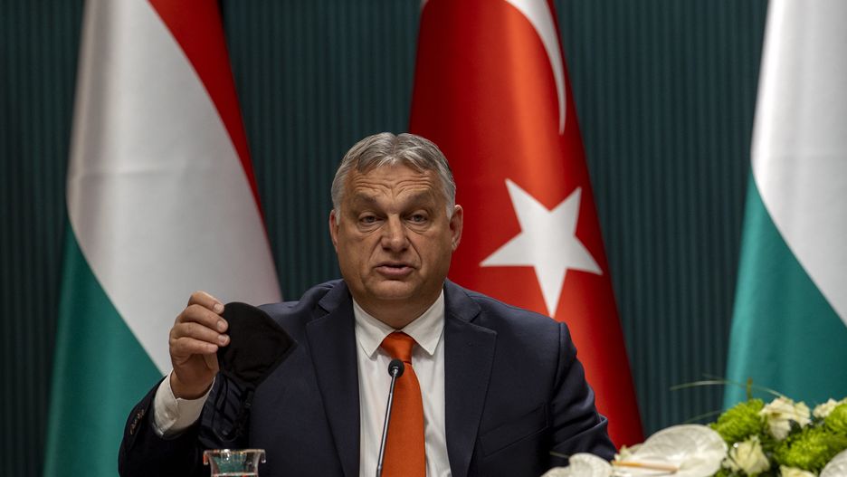ANKARA, TURKEY - NOVEMBER 11: Prime Minister of Hungary, Victor Orban and Turkish President Recep Tayyip Erdogan (not seen) hold a joint press conference after their meeting at the Presidential Complex in Ankara, Turkey on November 11, 2021. (Photo by Ali Balikci/Anadolu Agency via Getty Images)