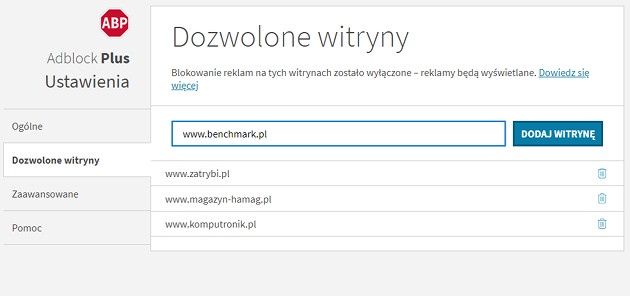 Adblock Plus biała lista
