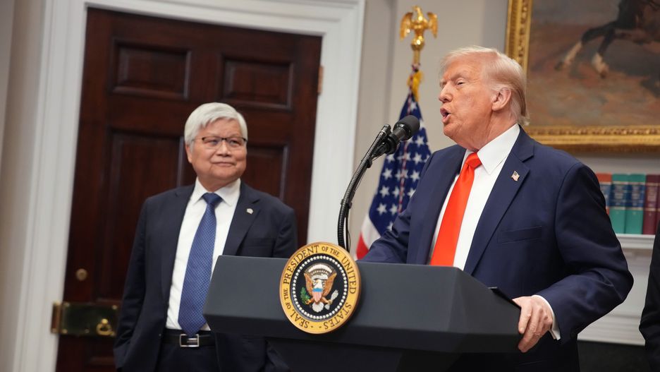 WASHINGTON, DC - MARCH 03: U.S. President Donald Trump (R) speaks alongside Taiwan Semiconductor Manufacturing Company (TSMC) CEO C.C. Wei in the Roosevelt Room of the White House on March 3, 2025 in Washington, DC. Trump announced that Taiwan Semiconductor Manufacturing Company, one of the largest manufacturers of semiconductor chips, plans to invest $100 billion in new manufacturing facilities in the United States.  (Photo by Andrew Harnik/Getty Images)