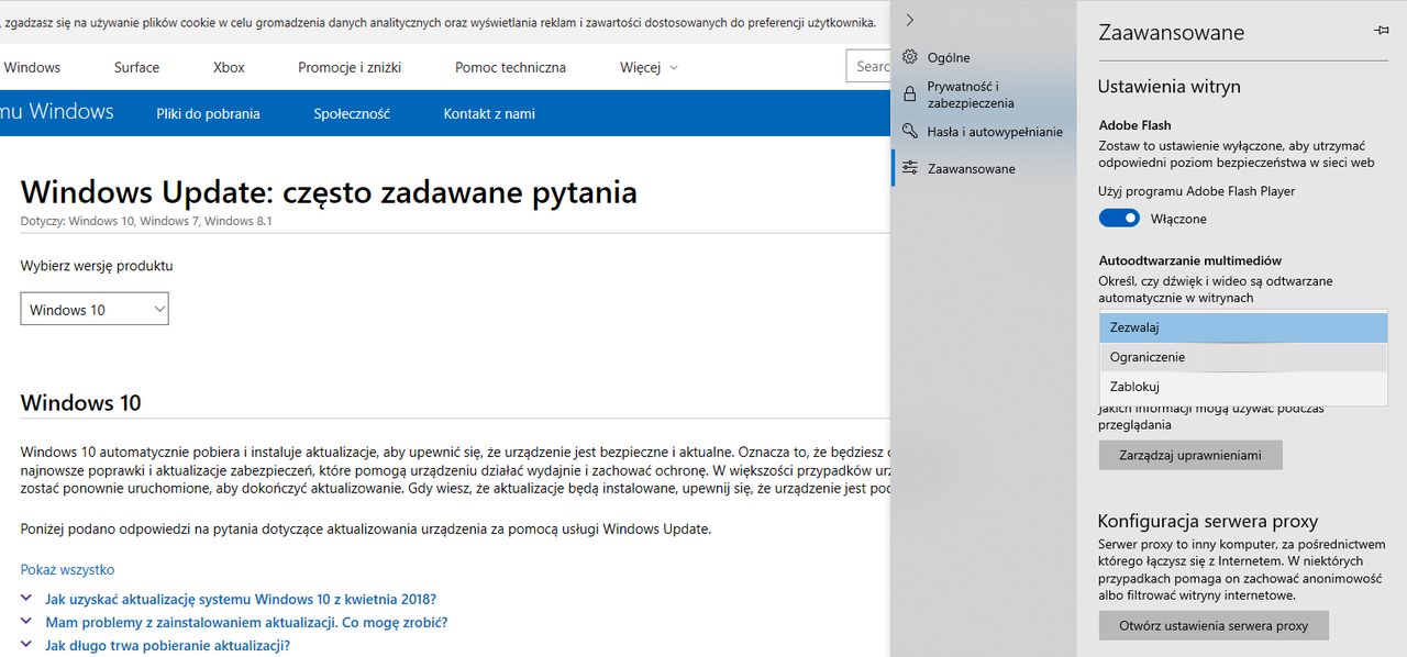 Fragment ustawień Edge'a z widocznym podziałem na kategorie i opcjami związanymi z automatycznym odtwarzaniem multimediów.