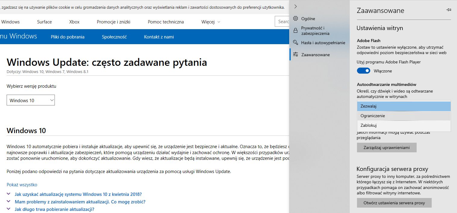 Fragment ustawień Edge'a z widocznym podziałem na kategorie i opcjami związanymi z automatycznym odtwarzaniem multimediów.
