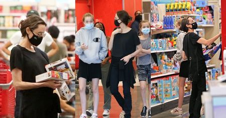 Niepozorna Angelina Jolie w okularach z córkami Zaharą, Shiloh i Vivienne robi zakupy w sieciówce (ZDJĘCIA)