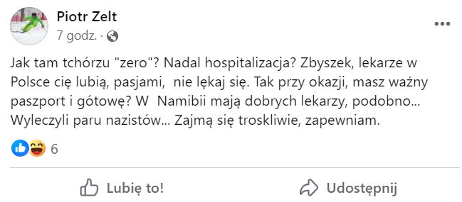 Piotr Zelt uderzył w Zbigniewa Ziobrę (fot. Facebook)
