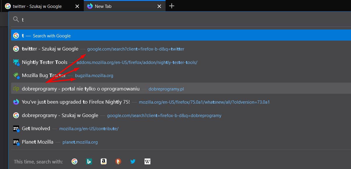 Megabar w Firefoksie 75 Nightly i brak skrótów "https" i "www" przed adresami stron.