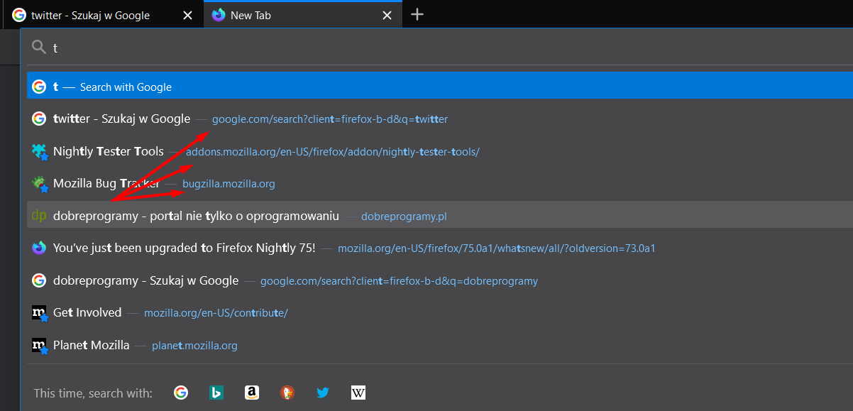 Megabar w Firefoksie 75 Nightly i brak skrótów "https" i "www" przed adresami stron.