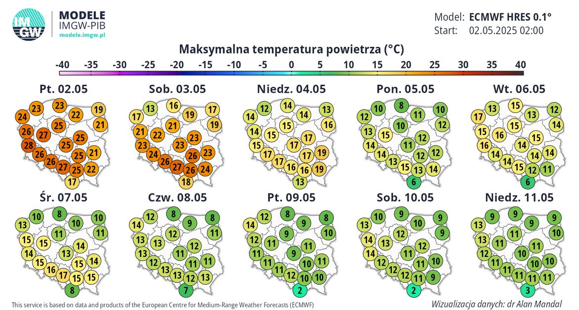 Maksymalna temp. Wizualizacje IMGW do 11 maja
