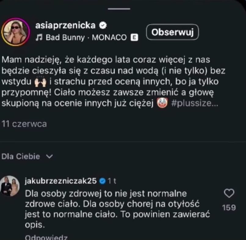 "Mądrości" Jakuba Rzeźniczaka pod postem influencerki
