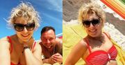 Magdalena Narożna w czerwonym bikini smaży się na plaży w Łebie. "Parawan OBOWIĄZKOWY" (ZDJĘCIA)