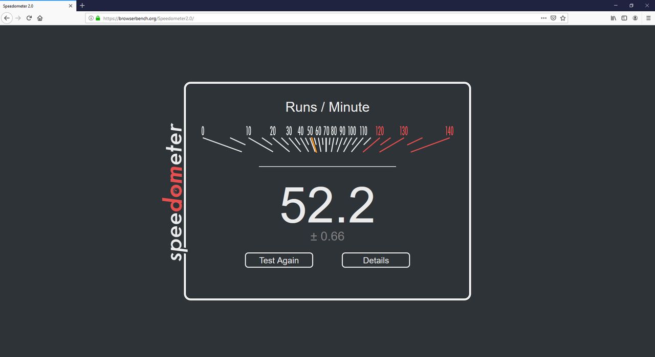 Firefox i wynik w teście Speedometer 2.0.