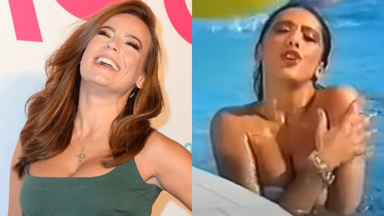 FIGLARNA Anna Mucha niczym Sabrina wdzięczy się w bikini na basenie. Hotówa? (FOTO)