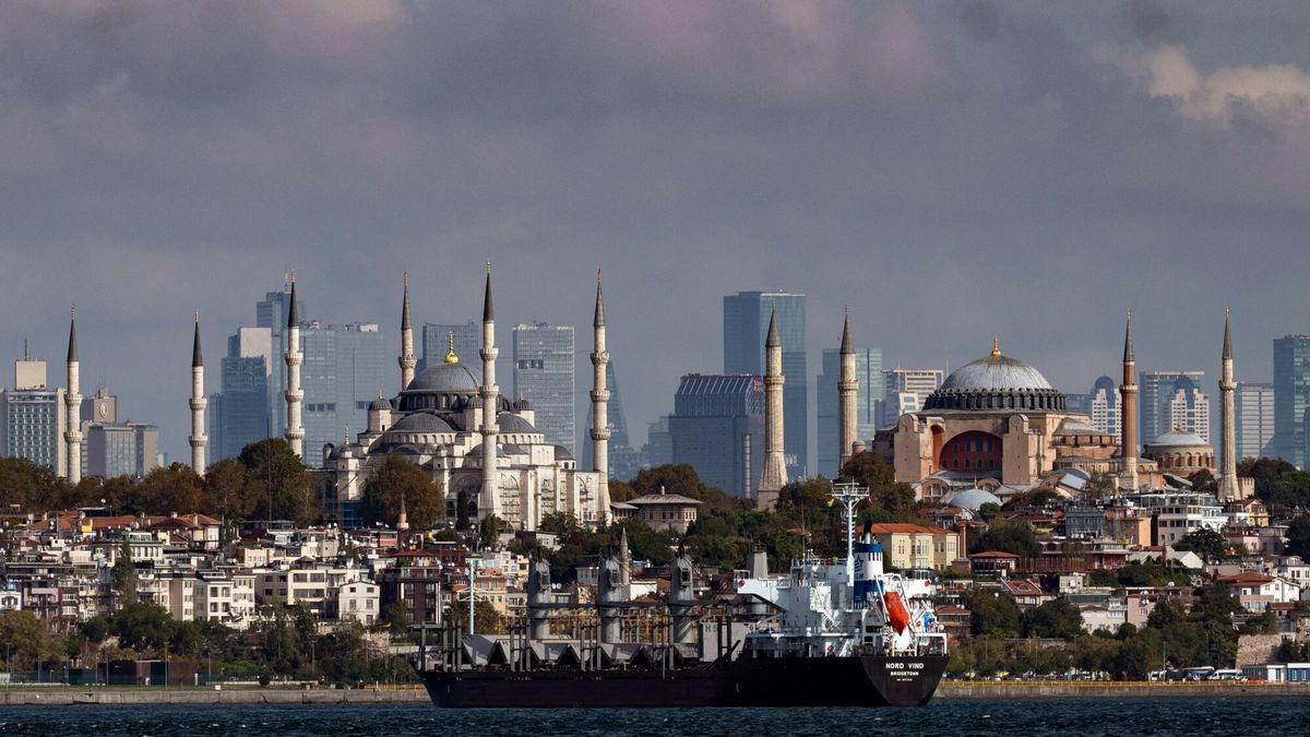 Korytarz zbożowy w porcie w Odessie
The Barbados-flagged ship"Nord Vind" coming from Ukraine loaded with grain is anchored for inspection in Istanbul, on October 11, 2022. - The grain deal between Russia and Ukraine establishing safe corridors along which Ukrainian ships can come in and out of three designated Black Sea ports in and around Odessa creates a traffic jam in Istanbul. (Photo by Yasin AKGUL / AFP)
YASIN AKGUL