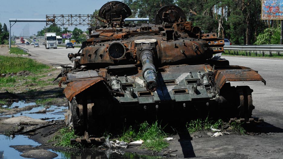 A view of a destroyed tank of the Russian army about 40 km
KYIV REGION, UKRAINE - 2022/06/03: A view of a destroyed tank of the Russian army about 40 km west of Kyiv. June 3 is the 100th day of Russia's full-scale war against Ukraine. Russia invaded Ukraine on February 24, 2022, triggering the largest military attack in Europe since World War II. (Photo by Sergei Chuzavkov/SOPA Images/LightRocket via Getty Images)
SOPA Images
100th day, conflicts, destroyed, invasion, russian army, russian attack, russian invasion, tank, ukraine - russia, war against ukraine, war crisis, wreckage