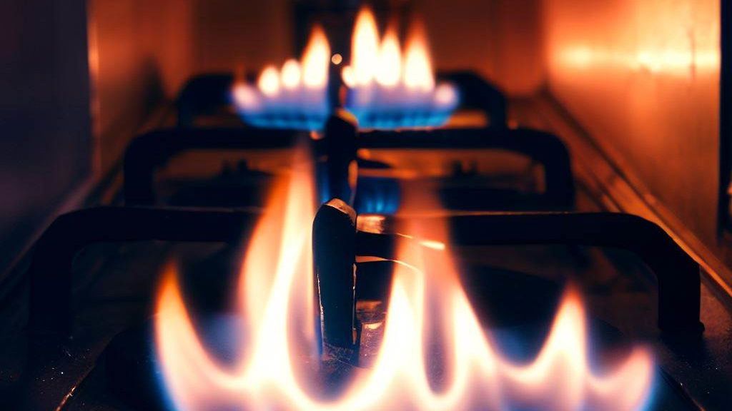 Kuchenka gazowa z odpalonymi palnikami (wizualizacja)