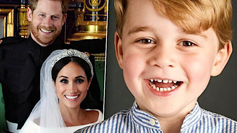 Książę George, portret Meghan Markle i Harry'ego