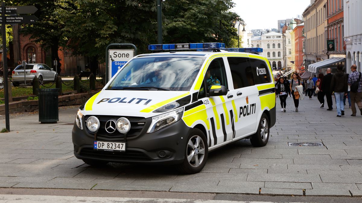 One Norwegian police vehicle patrolling i down town Oslo