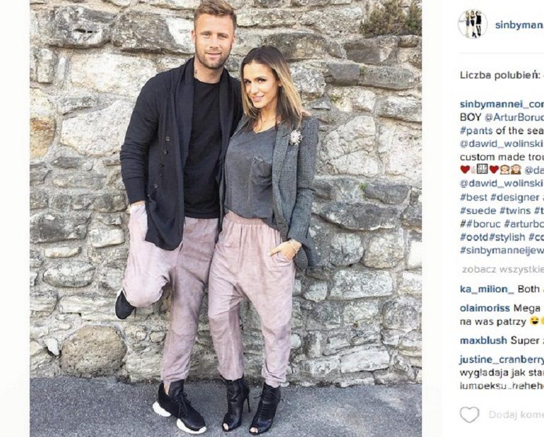 Sara Boruc i Artur Boruc w spodniach zaprojektowanych specjalnie dla nich przez Dawida Wolińskiego