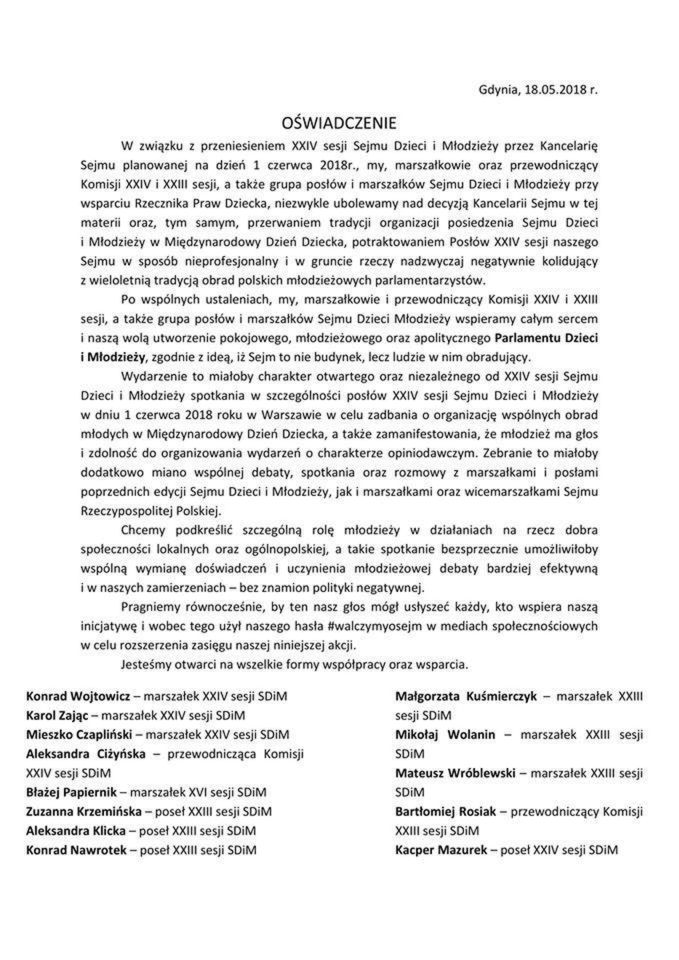 Oświadczenie Prezydium XXIV sesji Sejmu Dzieci i Młodzieży wraz z byłymi marszałkami i posłami SDiM. 