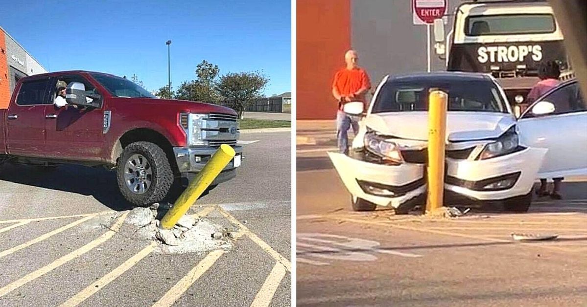 Just 9 Out of Many Parking Lot Accidents Caused by One Yellow Post. Quite a Few Drivers Have Already Bumped Into It