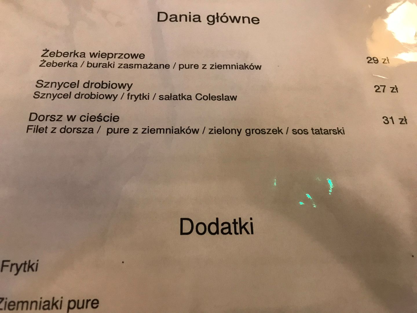 Menu restauracji Agenta Tomka. 
