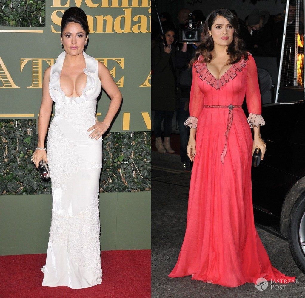 Salma Hayek w kreacji Alexander McQueen gali Evening Standard Theatre Awards 2015 kontra Salma Hayek w sukni Gucci na British Fashion Awards 2015 (fot. ONS)