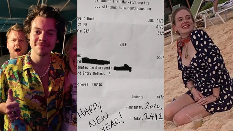 Adele i Harry Styles zostawili w restauracji na Karaibach "noworoczny" napiwek w wysokości 2020 dolarów!