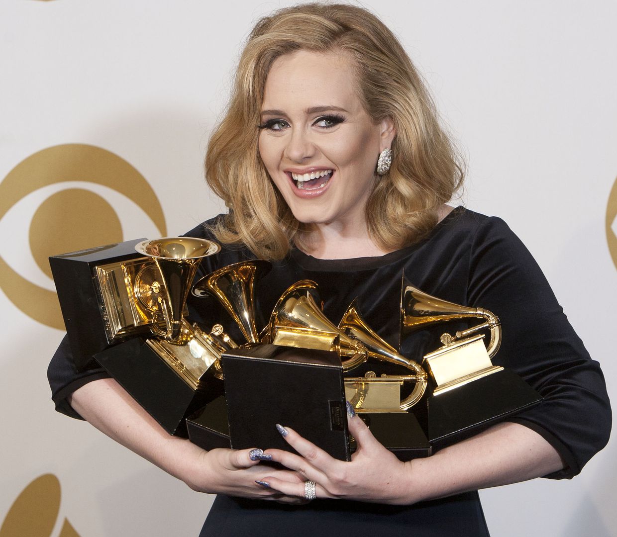 Feb. 12, 2012 - Los Angeles, California, U.S - British singer Adele poses in the press room with her six grammys including Song of the Year, Record of the Year, and Album of the Year for '21' at the 54th Annual GRAMMY Awards at Staples Center. (Credit Image: ďż˝ Armando Arorizo/ZUMAPRESS.com)