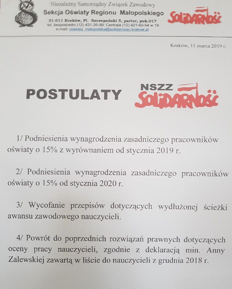 Postulaty nauczycielskiej "Solidarności" z Małopolski wobec rządu PiS 