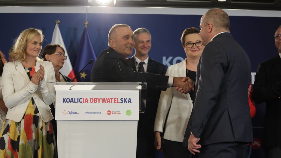 Prezentacja kandydatów Koalicji Obywatelskiej. Na zdjęciu m.in. Grzegorz Schetyna, Paweł Kowal i Paweł Poncyljusz.