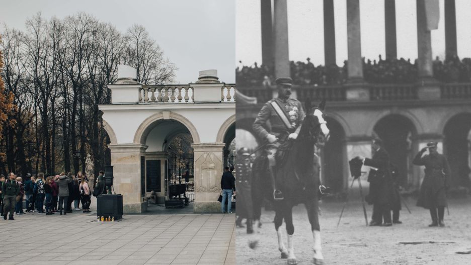 Grób Nieznanego Żołnierza obecnie (po lewej) i w 1926 roku (po prawej)