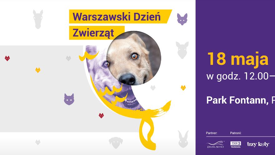 Grafika promująca Warszawski Dzień Zwierząt w Parku Fontann 18 maja