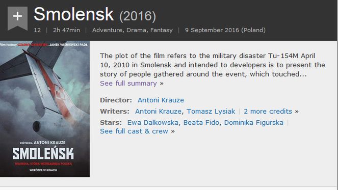 "Smoleńsk" w największej bazie filmowej IMDb. Słowa kluczowe opisujące film: "teoria konspiracyjna", "duchy"