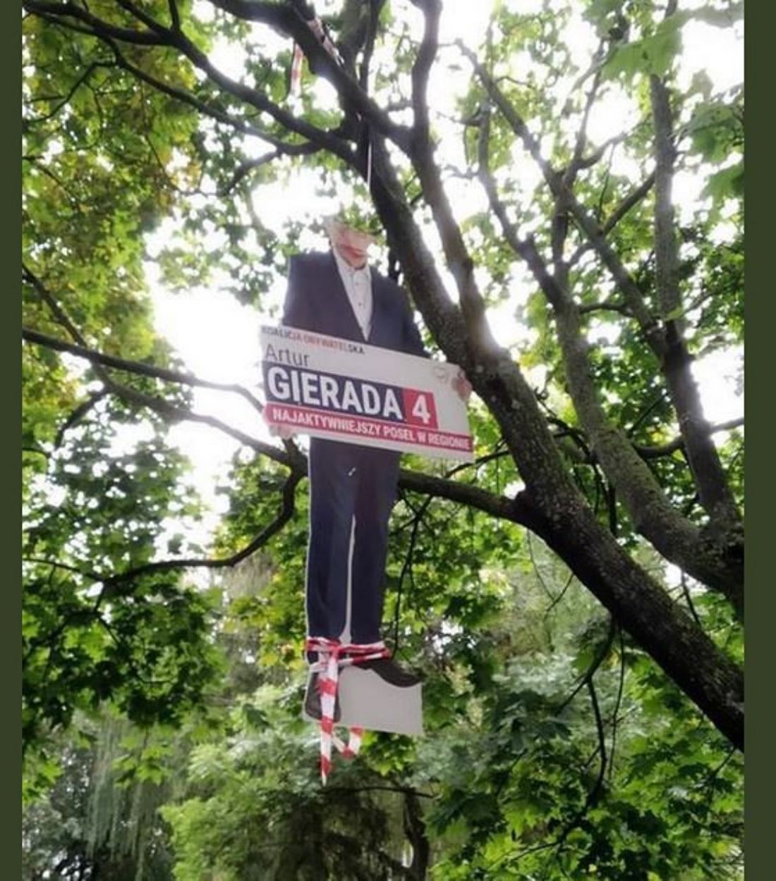 Makietę z wizerunkiem polityka sprawcy powiesili na drzewie w parku