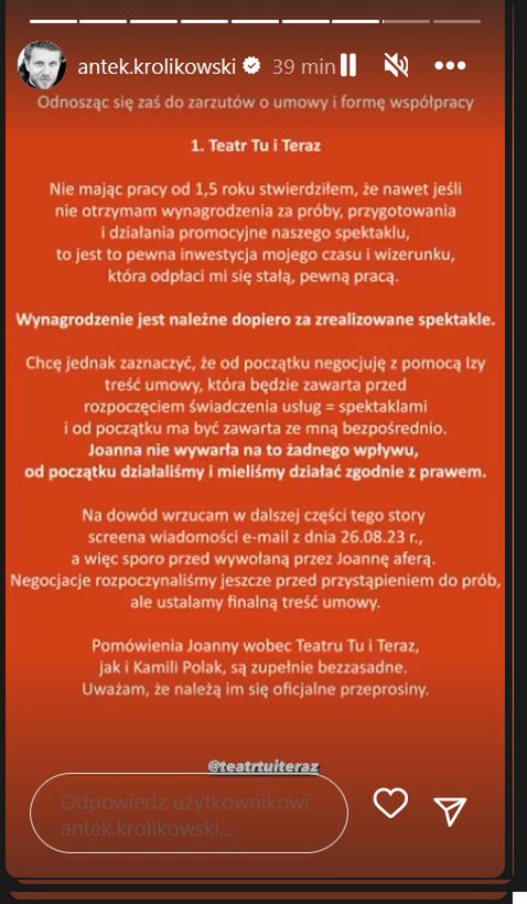Oświadczenie Antoniego Królikowskiego w sprawie alimentów