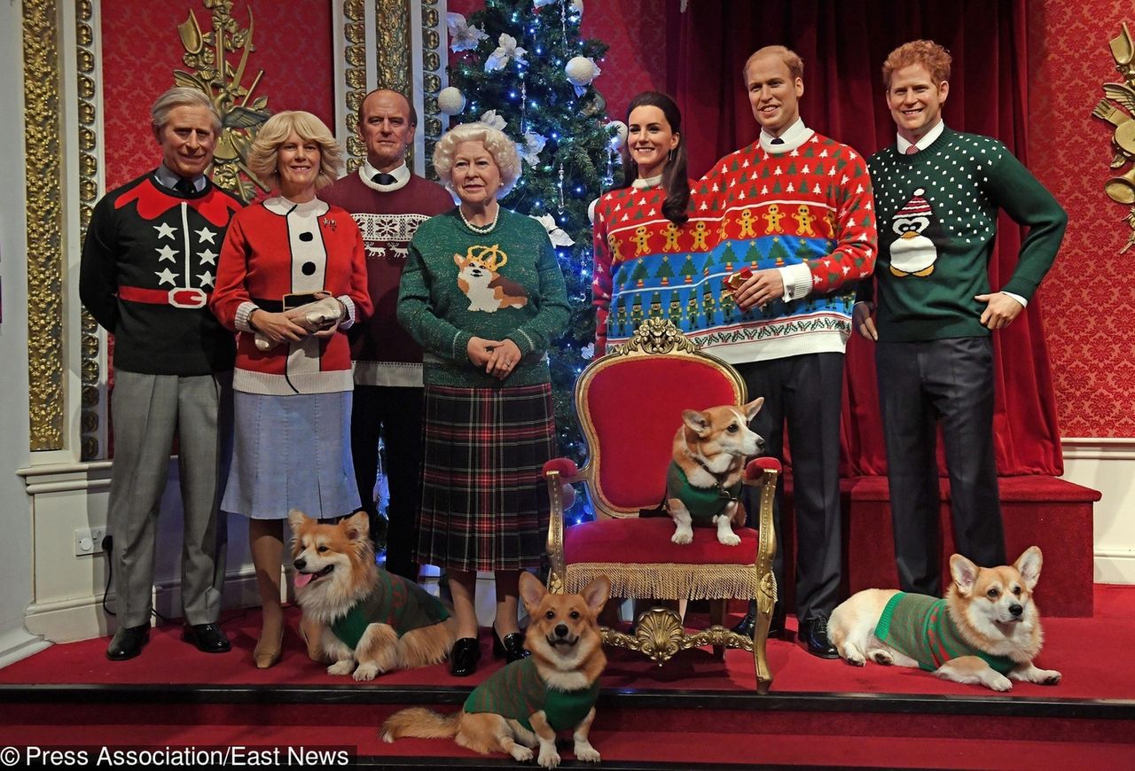 Corgi dogs join wax figures of members of the Royal family in Madame Tussauds, London, wear their Christmas jumpers to raise awareness of Save the Children.