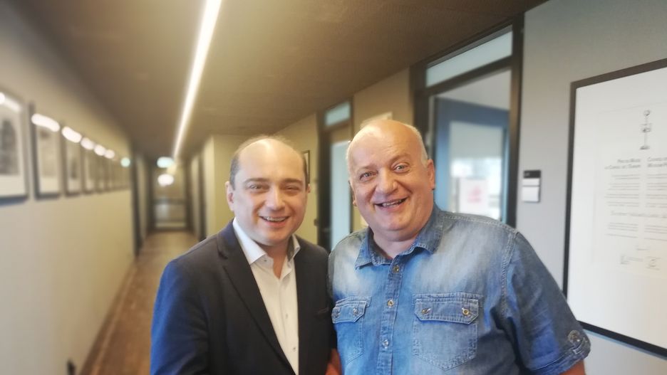 Od lewej Basil Kerski, dyrektor ECS i Karol Guzikiewicz z NSZZ Solidarność w budynku ECS 
