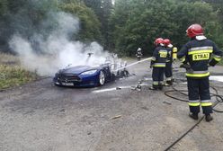 Pożar granatowej Tesli. Auto spłonęło pod Wałbrzychem