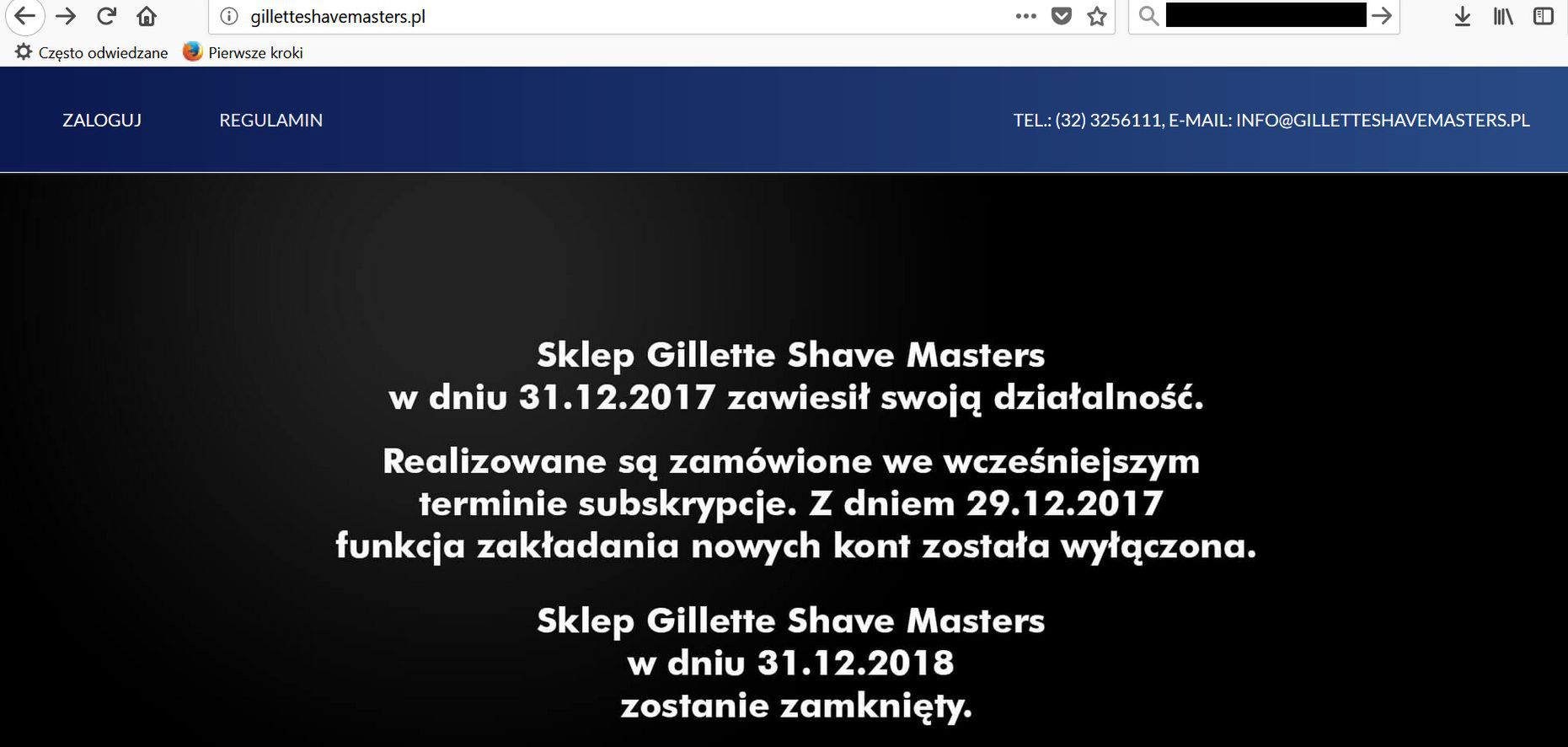 Komunikat na stronie sklepu Gillette Shave Master 