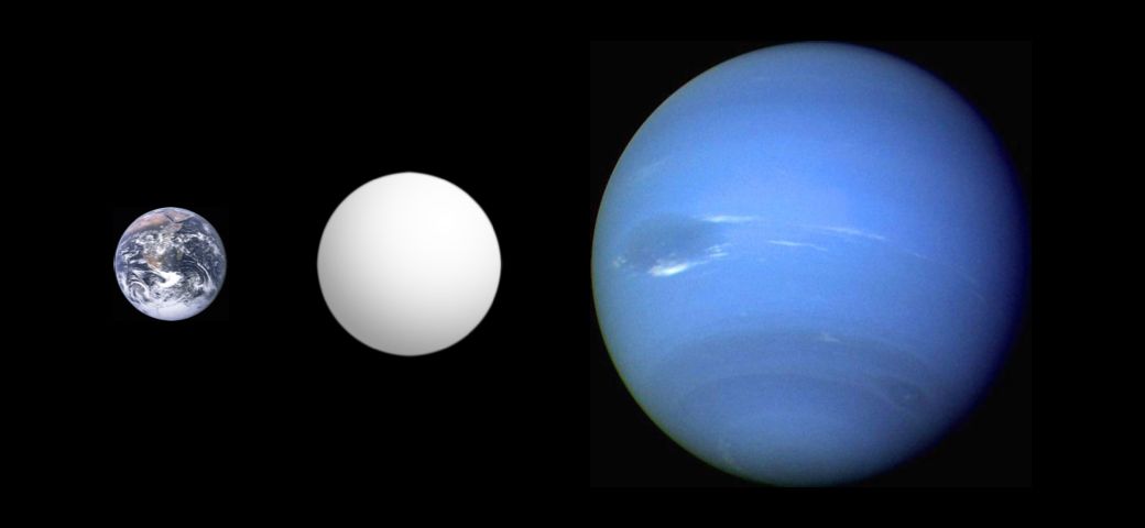 Po lewej Ziemia, środek superziemia CoRoT-7 b, po prawo Neptun 