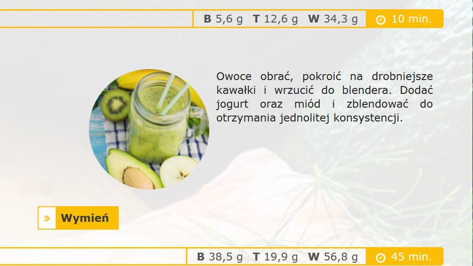 Po wpisaniu wyników otrzymujemy dwutygodniowy plan z rozpisanymi pięcioma posiłkami i listą zakupów na każdy dzień.