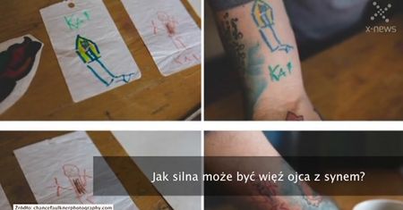 Ojciec ozdabia ciało rysunkami swojego synka