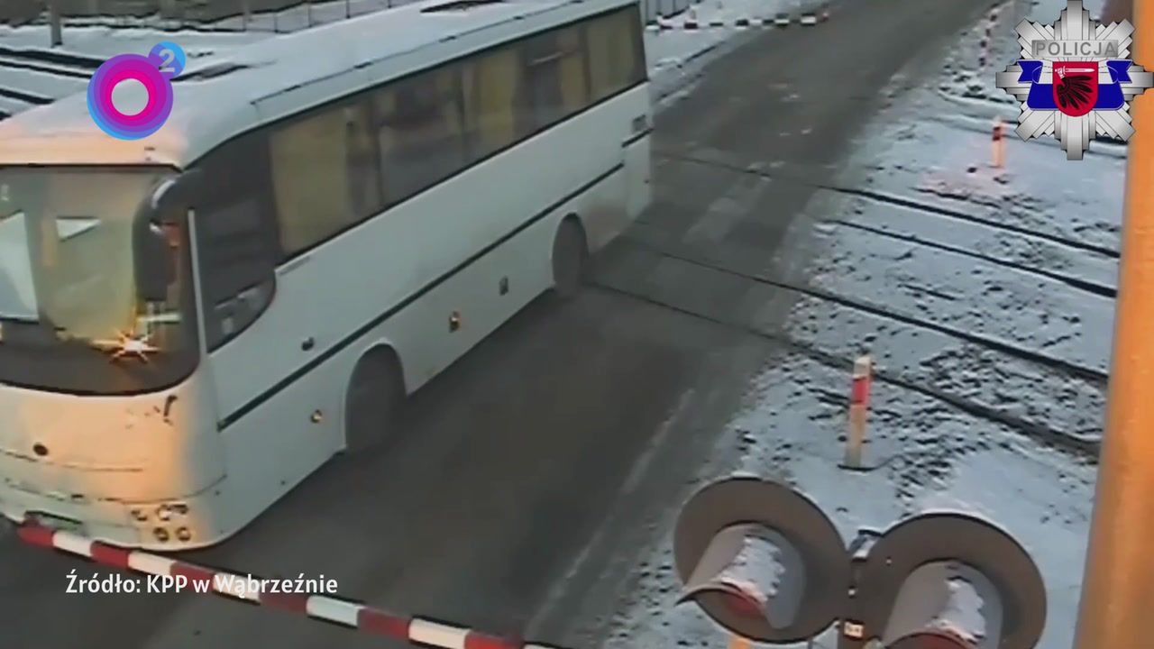 Rogatki zaczęły się opuszczać. Nagle nadjechał pociąg. Jest nagranie