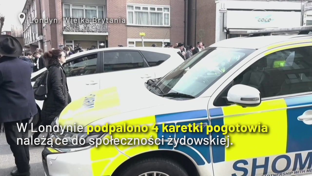 Podpalenie karetek koło synagogi w Wielkiej Brytanii. Wideo